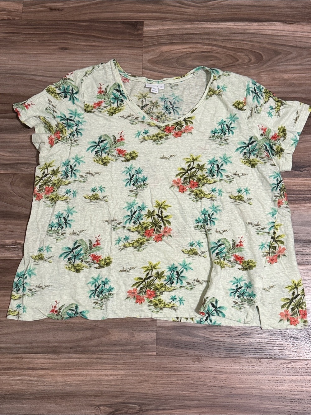 J Jill Love Linen Shirt Women 2X S/S Tropical Floral Hawaiian V Neck Beachy
